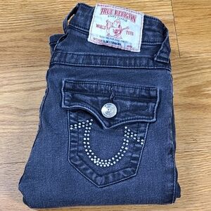 TRUE RELIGION VINTAGE 25x26 GIRLS  SLIM STRIGHT DISTRESSED STRECH DENIM JEANS